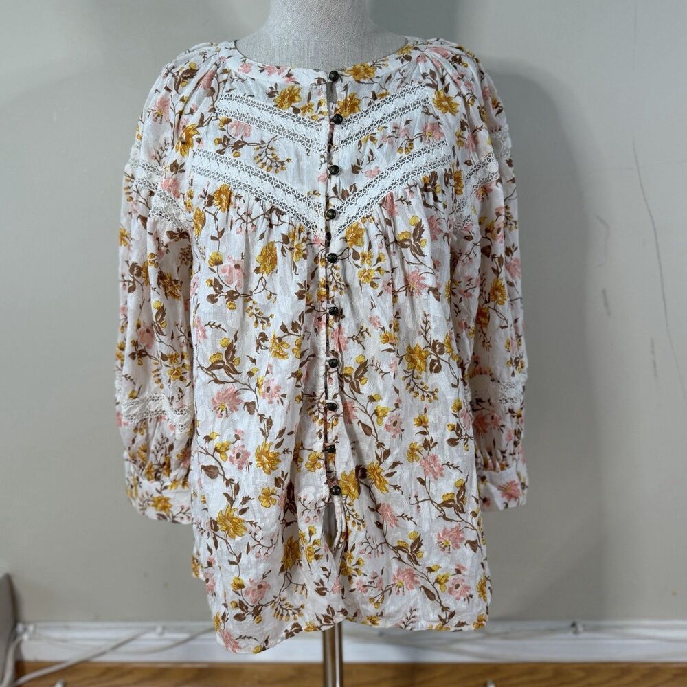 Anthropologie Harmony Lace Peasant Blouse M EUC Floral Cottage Prairie Boho Top